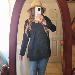 J. Jill Metallic Embroidered Black Blouse Office Work Casual Cotton Blend Size S